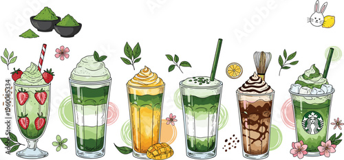 Matcha drinks collection vector set. Strawberry mango latte frappuccino and brown sugar variations. Colorful café beverage illustrations for menus dessert drinks and trendy branding.
