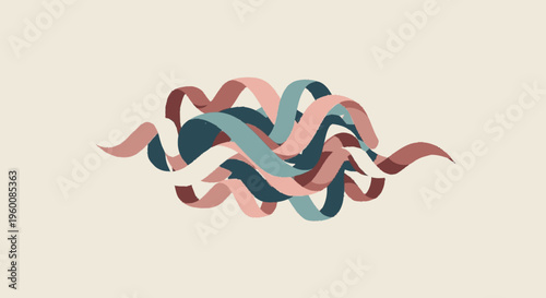Abstract illustration of interwoven ribbons in soft colors on cream background