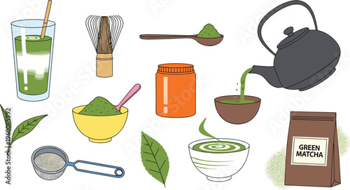 Matcha preparation vector set. Green tea tools whisk bowl powder and kettle with drinks. Hand drawn illustrations for tea ceremony café menus and organic branding.