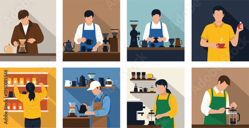 Barista coffee making vector set. Café workers preparing espresso latte and drinks. Flat illustration collection for coffee shop menus training and service concepts.