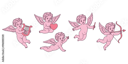 Pink Cherubic Angels with Wings Holding Lyre Heart Bow and Arrow Keywords: cupid, cherub, angel, love, romance, valentine