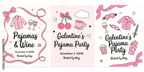 Pink Pajama Party and Wine Invitation Designs with Ribbons and Icons Keywords: pajama party, galentine's, wine, invitation