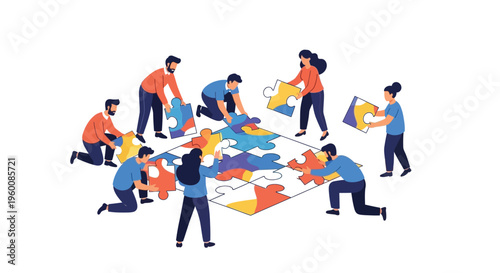 Collaborating diverse team members actively assembling a large colorful jigsaw puzzle, symbolizing unity and problem-solving.