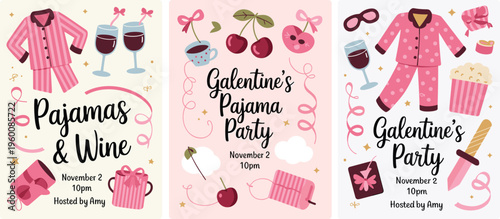 Pink Pajama Party Invitation Designs with Gifts and Drinks Keywords: pajama party, galentine's, wine, invitation, party