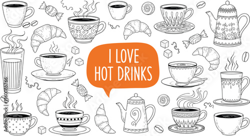 Hand drawn hot drinks collection with lettering. Coffee tea cups croissants and sweets in sketch style. Cozy café illustrations for menu design and food branding.