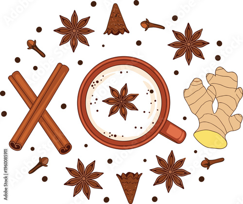 Chai spices vector illustration set. Cinnamon star anise cloves and ginger around cup of tea. Hand drawn ingredients for masala chai and herbal drink designs.