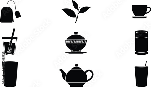Tea and coffee icons vector set. Black silhouette cups teapot leaves and beverages. Minimal solid illustrations for café menus packaging and drink branding design.