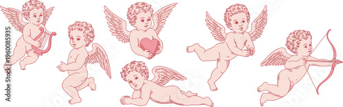 Red Outline Cherubic Angels with Wings Holding Lyre Heart Bow and Arrow Keywords: cupid, cherub, angel, love, romance, valentine