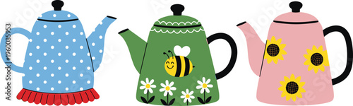 Cute teapot vector set with patterns. Polka dot bee and sunflower designs on colorful kettles. Fun kitchen illustrations for home decor café branding and tea concepts.