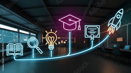 Educational path and career development growth with neon icons for study, idea, graduation, and success representing learning to success journey