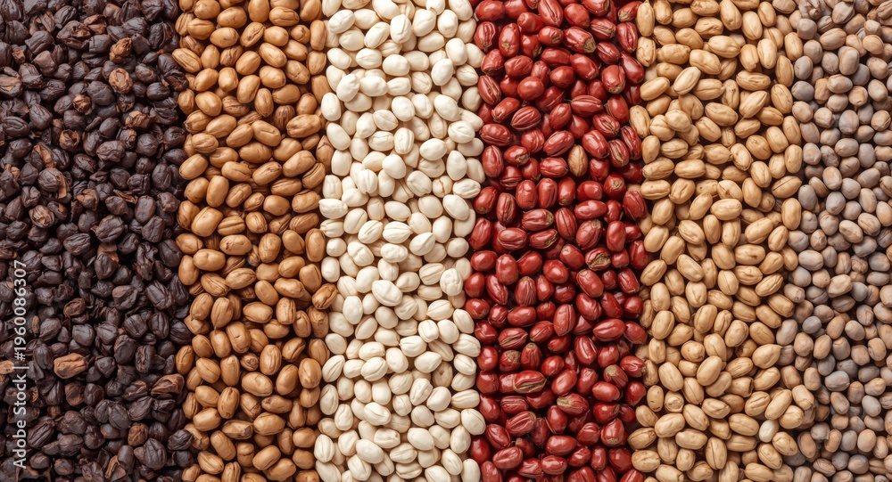 Fototapeta premium Selection of multicolored dry legumes displayed on natural wooden texture backdrop with copy space