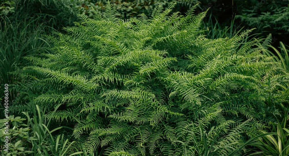 Fototapeta premium Full view of a dense fern bush surrounded by garden plants