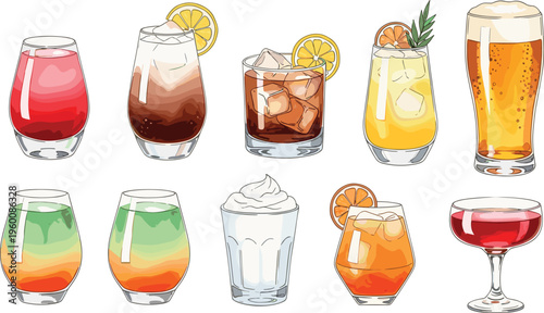Assorted cocktail and beverage vector set. Colorful drinks with citrus slices ice cream beer and layered juices. Modern bar and cafe illustrations for menu and party design.