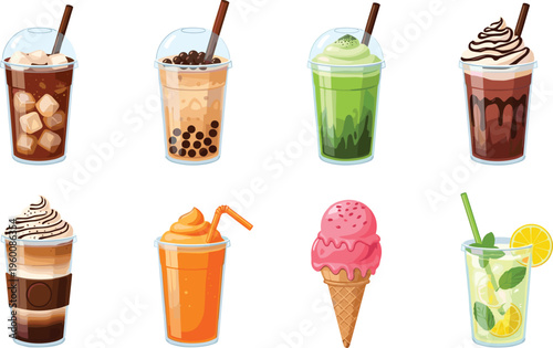 Trendy cafe drinks and dessert vector set. Bubble tea iced coffee smoothies juice ice cream and lemonade. Colorful sweet beverages for menu, food and summer design.