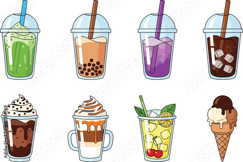Sweet dessert drinks vector set. Bubble tea smoothies iced coffee and milkshakes with cream fruit and ice cream. Trendy cafe beverages for menu and food design.