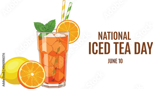 National iced tea day vector illustration. Refreshing cold drink with lemon slices mint leaves and ice cubes. Summer holiday banner design for beverage promotion.