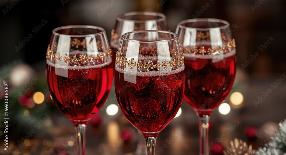 Fototapeta premium Festive beverage presentation with red wine glasses decorated for joy