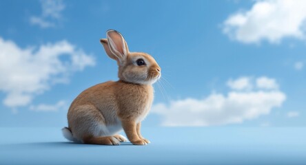 Professional studio photo of a three color newborn rabbit standing and looking sky