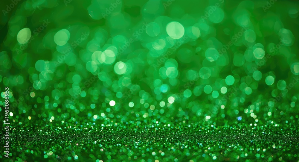 Fototapeta premium Festive shimmering glitter bokeh background with vibrant green hues ideal for holiday decorations