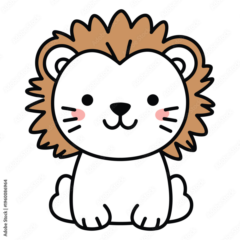Fototapeta premium Cute Cartoon Lion Face with Brown Mane on White Background