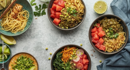 Flat lay of vibrant tofu po...