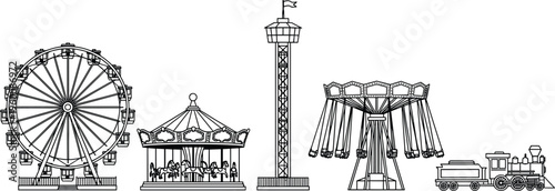 Black and white of amusement park rides and train carnival ferris wheel merry-go-round swing ride