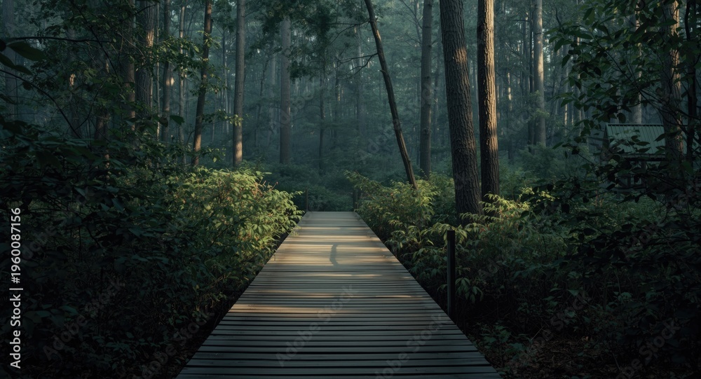 Obraz premium Gentle wooden jetty surrounded by dense forest scenery