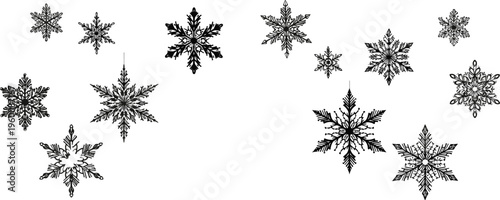 Black and white snowflakes on white background winter frosty