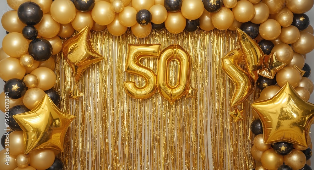 Naklejka premium Festive golden backdrop with 3D balloons and star decorations for a 50th birthday party