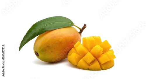Healthy tropical mango fruit with fresh green leaves and cut cubes presented against a white background