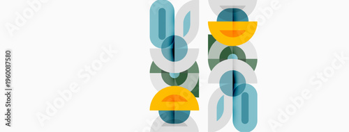 Abstract geometric pattern. Overlapping circles, semicircles, rectangles create modern design. Blue, yellow, green hues dominate composition.