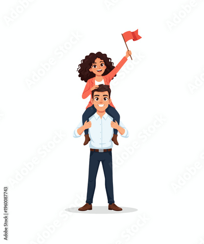 Cheerful man supports a triumphant woman on his shoulders, as she proudly waves a red flag symbolizing partnership and victory.