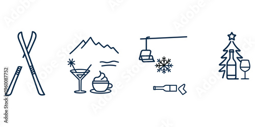 Winter Ski Resort Icons With Skis Drinks and Cable Car Elements Keywords: skiing, ski, snowboard, winter, resort, vacation