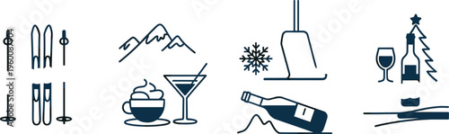 Winter Skiing and Holiday Celebration Icons Set Keywords: skiing, ski poles, skis, mountains, snowflake, ski lift, wine glass