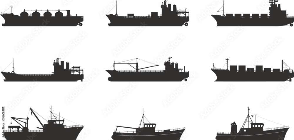 Obraz premium Silhouettes of Various Cargo and Fishing Ships boat