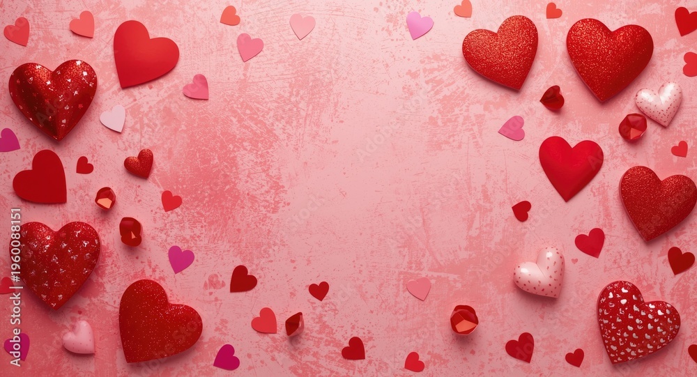 Fototapeta premium Festive Valentine's Day backdrop with red heart decorations and ample copy space
