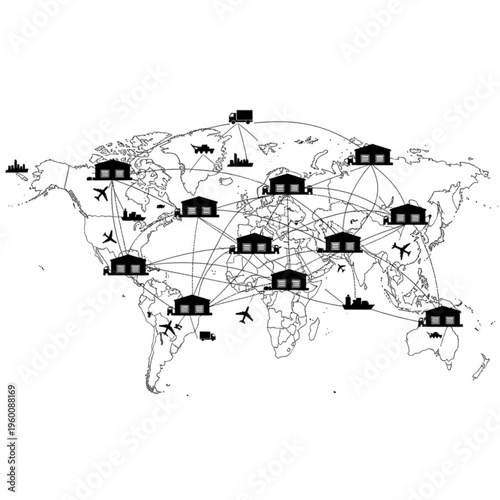 Black silhouette illustration of global logistics and transportation network with airplanes, ships, and trucks.