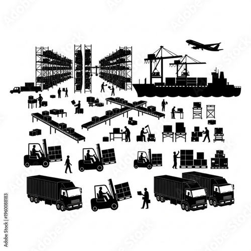 Black silhouette illustration of logistics and transportation scene with cargo ships, trucks, forklifts, and people at work.