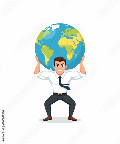 Stressed businessman struggling to carry the weight of the entire massive world