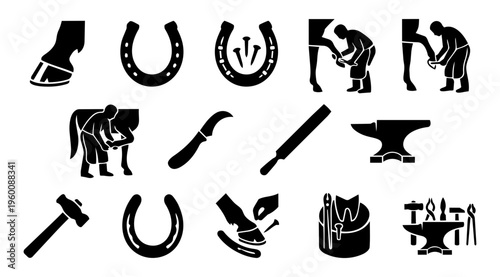 Farrier and Horseshoeing Silhouette Set – Blacksmith Tools and Horse Hoof Care Icons