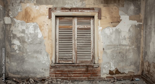 Old shuttered window on cru...