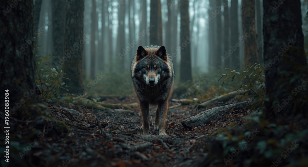 Fototapeta premium Magical forest scene with a noble werewolf sentinel