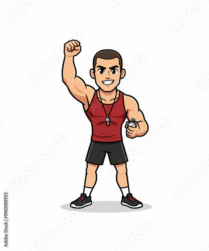 Energetic cartoon fitness coach celebrates victory while holding a stopwatch and wearing a whistle pendant