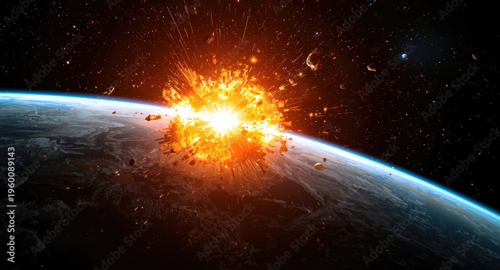 Fototapeta premium Fiery asteroid collision with Earth causing explosion and meteorite fallout with global risks