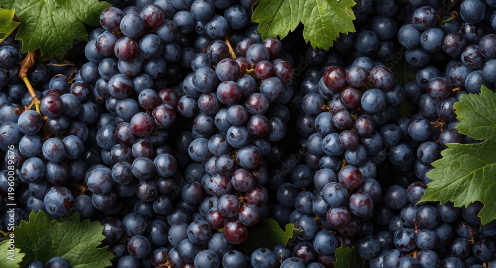 Fototapeta premium Prime syrah grapes for wine harvest displayed with copyspace