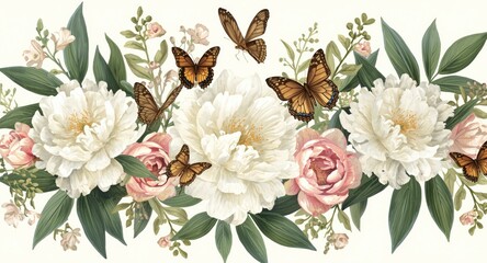 Hand painted floral wreath featuring white and pink peonies butterflies with green leaves vintage botanical style wedding decor