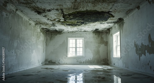 Flood damaged ceiling with ...