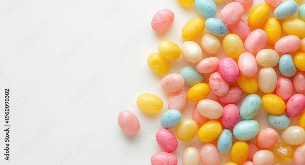 Obraz premium Easter celebration with vibrant pastel jelly beans on crisp white surface creating joy