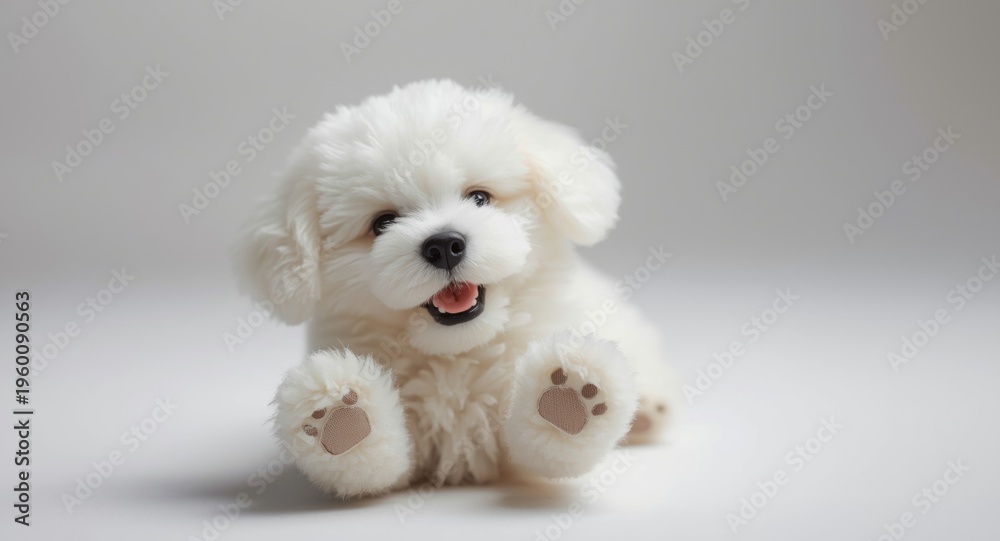 Fototapeta premium Playful white toy dog displaying paws and fluffy coat on a white ground