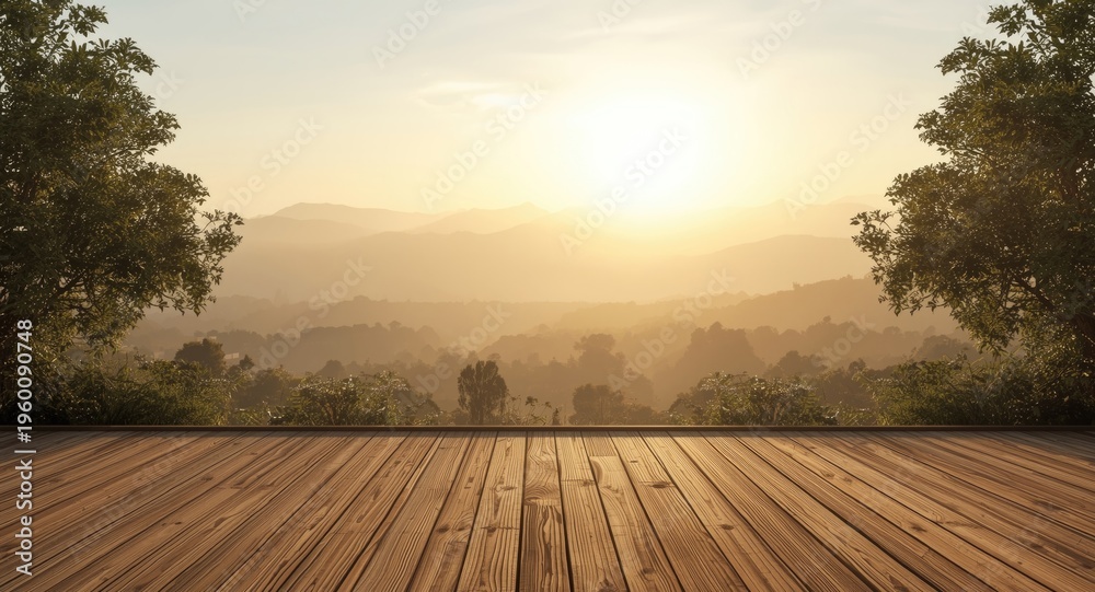 Fototapeta premium Soft morning glow on natural scenery from a wood planked terrace